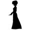 Female slim silhouette in long dress, large round hat of early 20th century