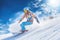 Female snowboarder on ski piste snowy resort. Generate Ai