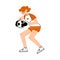 Female soccer goalkeeper player in the red shorts catches the ball right view. Vector illustration in flat cartoon style