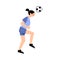 Female soccer player in the blue t-shirt hit the ball with her head right view. Vector illustration in flat cartoon