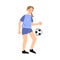 Female soccer player in the blue t-shirt hits the ball right view. Vector illustration in flat cartoon style.