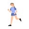 Female soccer player in the blue t-shirt runs left side view. Vector illustration in flat cartoon style.