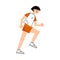 Female soccer player in the red shorts runs right view. Vector illustration in flat cartoon style.