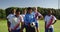 Female soccer team standing on soccer field. 4k