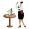 Female sommelier tries wine from glass and holds bottle in hands, standing near table with accessories for degustation