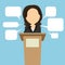 Female speaker with speech bubbles.