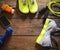 Female sport equipment on a wooden background