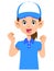 The female staff wearing short-sleeved polo shirts and hats are highly motivated. Upper body