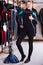 Female is standing in diving wetsuit