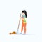 Female street cleaner holding rake woman sweeping lawn cleaning leaves city streets service concept full length flat