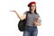 Female student with books and backpack gesturing with her hand as to hold something