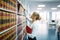 Female student looking book at the shelf, library