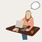 Female Student Sitting at Indoor Table with Laptop and Study Books. With Isolated Thought Bubble to Add Text Illustration. Concept