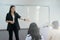 Female student stands in front of a classroom of her peers delivering a lecture