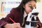 Female Student In Uniform Using Microscope In Science Class