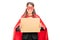 Female superhero holding a blank cardboard sign