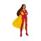 Female superhero with long hair and flying cloak standing in a red costume.