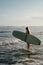 Female surfer, beautiful surfer girl holding a surfboard while looking at the waves