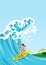 Female surfer rides on a big wave in summer ocean - copy space