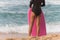 Female Surfer Stands Beach Watching Surf Waiting Pink Body Board
