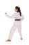 Female taekwondo fighter standing full body rear view