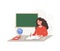 Female teacher in classroom. Pedagogue sitting at table and checking homework. School and college concept. Vector