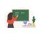 Female teacher in classroom. Pedagogue writes on chalkboard. School and college concept. Vector illustration in flat