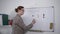 Female teacher explains math lessons for preschoolers using colored magnets and writes an example on magnetic blackboard