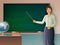 Female teacher pointing to a blackboard