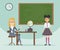 Female teacher and schoolgirl in school uniform. Cartoon vector flat illustration. Educator examines the student