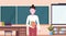 Female teacher standing in front of chalk board workplace desk modern school classroom interior cartoon character