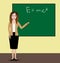 Female teacher standing in front of chalkboard. University professor using pointer to show formula. Vector Illustration.