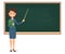 Female teacher standing near of blank school blackboard