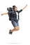 Female teen tourist jumping and gesturing happiness