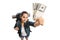 Female teenage tourist showing bundles of money