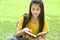 Female teenager reading book in park