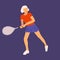 Female tennis player in flat icon design. Tennis player woman aiming to do a good kick isolated illustration on blue