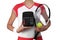 Female tennis player holding a calculator