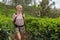 Female tourist enjoying beautiful nature of tea plantations, Sri Lanka.