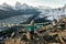 Female Tourist Hikking at gokyo ri mountain peak near gokyo lake during Everest base camp trekking in nepal