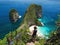 Female Tourist at Kelingking Beach in Nusa Penida Island, Bali, Indonesia