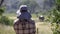 Female tourist photographs distant elephants