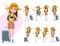 Female tourist vector characters set. Woman character in summer travel outfit in different standing poses like happy waving.