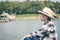 Female tourists in beautiful nature in tranquil scene.