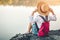 Female tourists in beautiful nature in tranquil scene of rivers and mountains