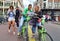 Female tourists on bikes in Amsterdam, Holland