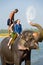 Female Tourists Elephant Ride Trunk Water Splash