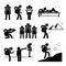 Female traveler with backpack going outdoor adventure stick figure icons cliparts