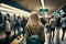 Female traveler with luggage navigating a crowded train station, Generative AI