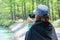 Female traveler with smart phone taking a photo at kamikochi nagano japan